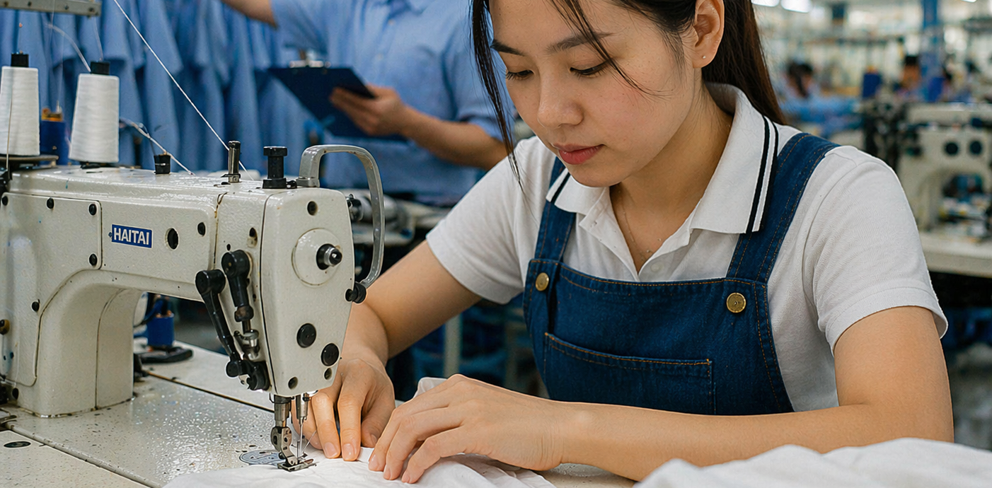 Close-up of a Vietnamese garment factory worker sewing a white shirt on an industrial machine, while another worker in the background checks hanging garments on a production line in a bright, busy workshop.