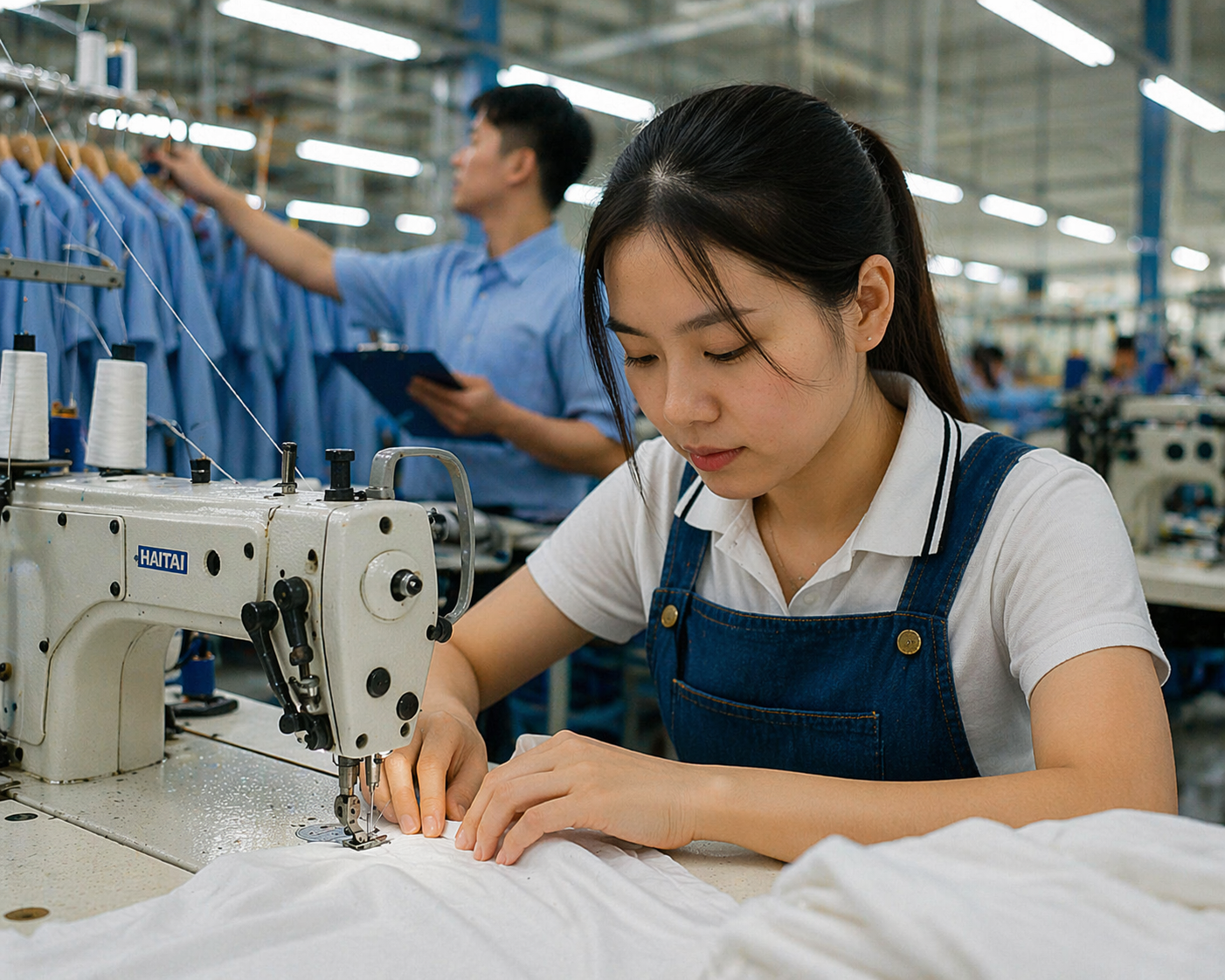 Close-up of a Vietnamese garment factory worker sewing a white shirt on an industrial machine, while another worker in the background checks hanging garments on a production line in a bright, busy workshop.